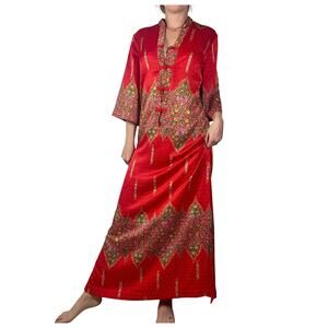 Vintage 70s Tori Richard Silk Caftan Red Paisley Floral Maxi Dress Frog Closure